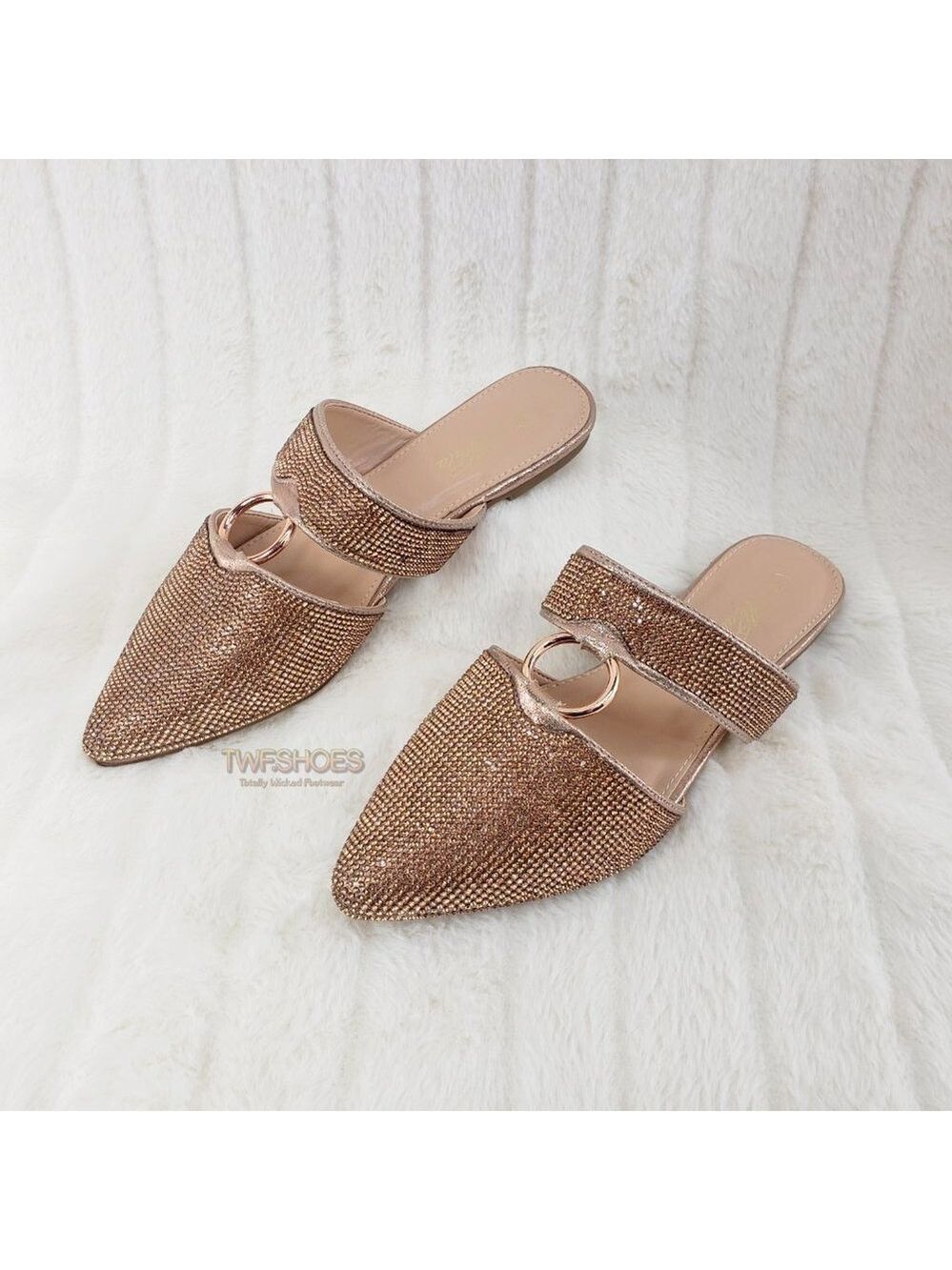Rose Gold Rhinestone Slip On Flats Mules